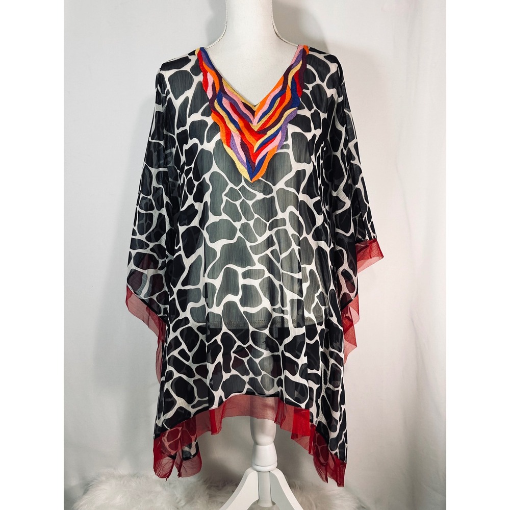 Giraffe Print Chiffon Kaftan Top Embroidered V-Neck Red Mesh‎ Trim Black White